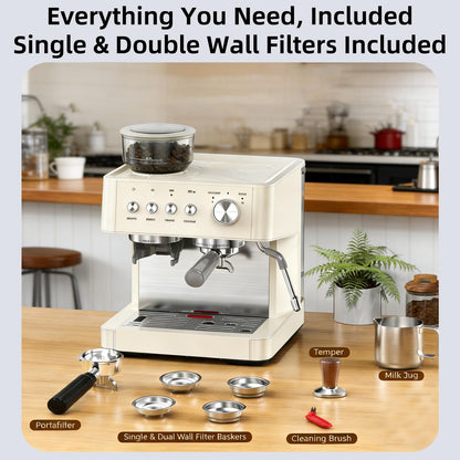 (2026 Upgrade) 15 Bar Espresso Machine with Built-in Anti-Clog Coffee Grinder, Expresso Coffee Machines with Milk Steam Wand/Frother/Tamping Tools,Espresso Maker with Grinder for Lattes-Almond