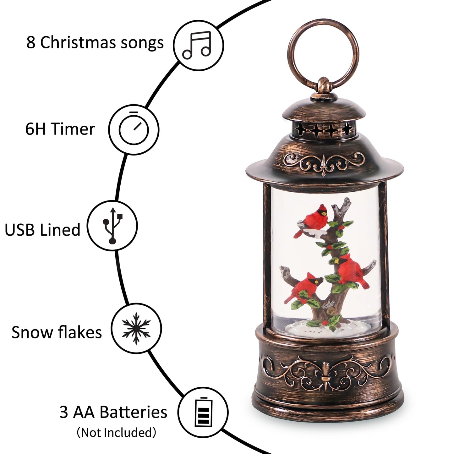 Christmas Cardinal Snow Globe Light up Lantern with 8 Songs, 10.2" Christmas Snow Globes for Kids Adults, 6H Timer & Dual Power, Snowglobes Christmas Decorations Indoor for Home, Gifts for Women Men