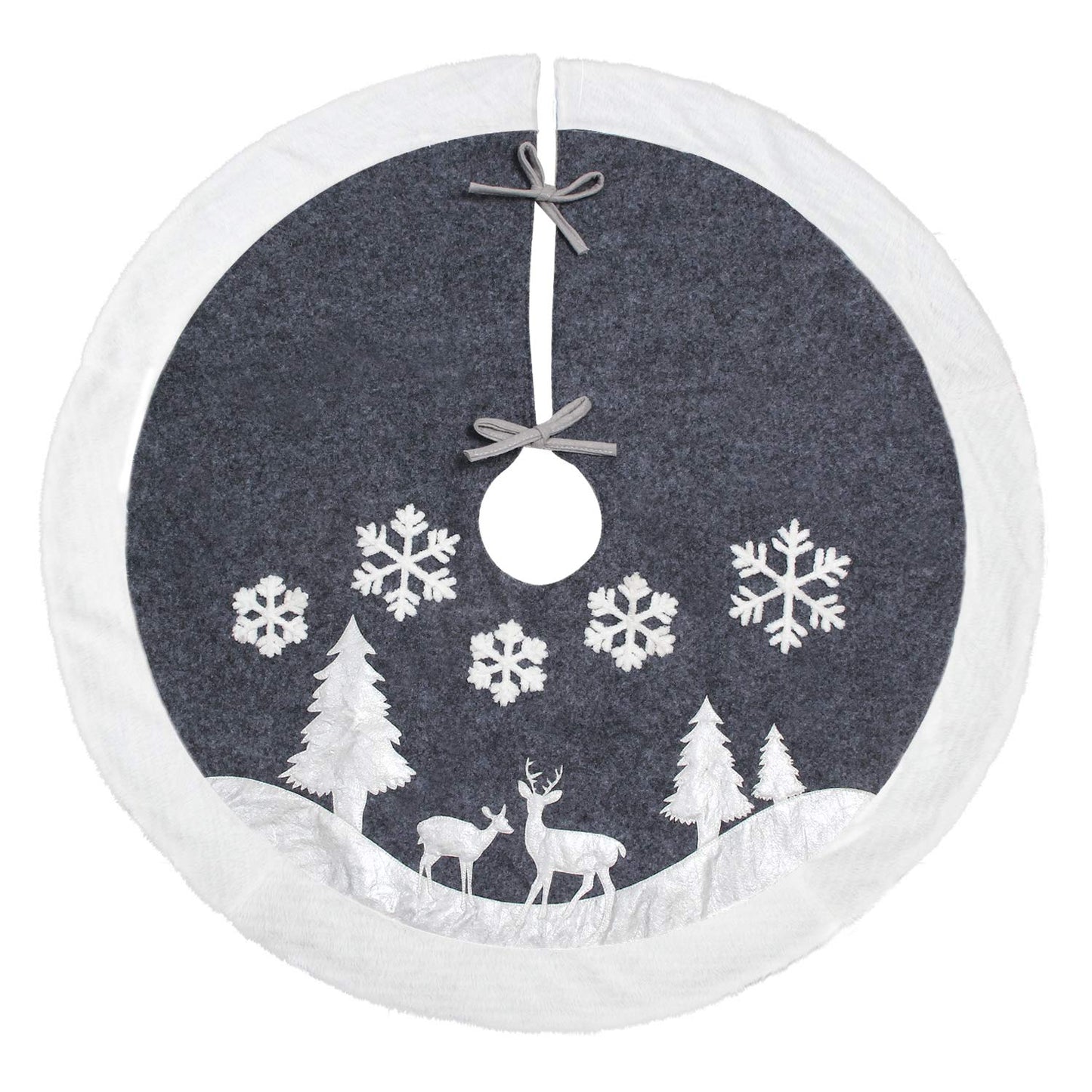Christmas Tree Skirt, Fur Rustic White Xmas Tree Skirt,Snowy Christmas Trees Mat Decorations Indoors,Deer and Snowflake Pattern (36 inches, Two Deers)