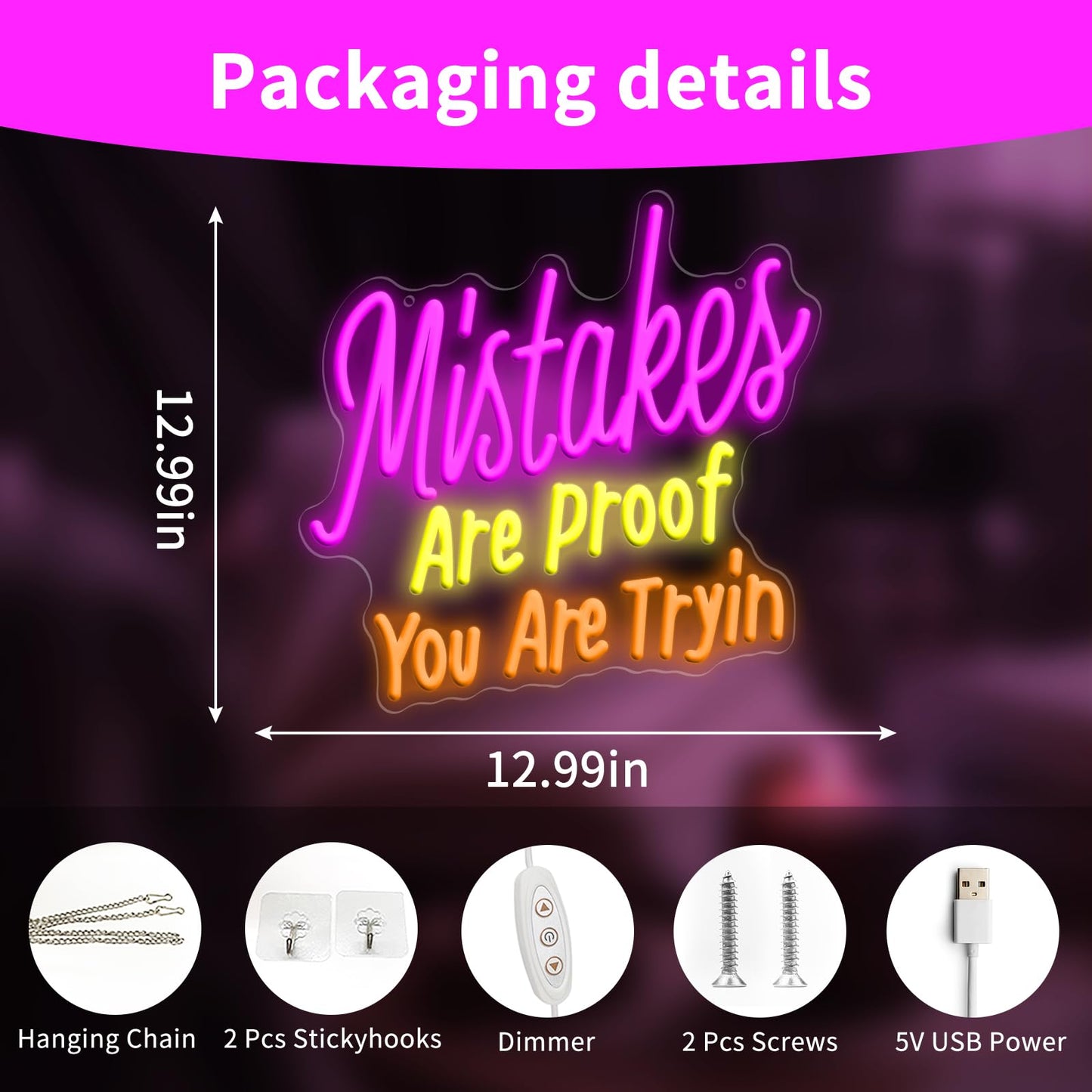 Mistakes Are Proof You Are Trying Neon Sign, Dimmable Neon Sign USB Powered LED Light, Motivational for Classroom Office Room Bedroom Living Room Sign, Graduation Gift 12.99 x 12.99"