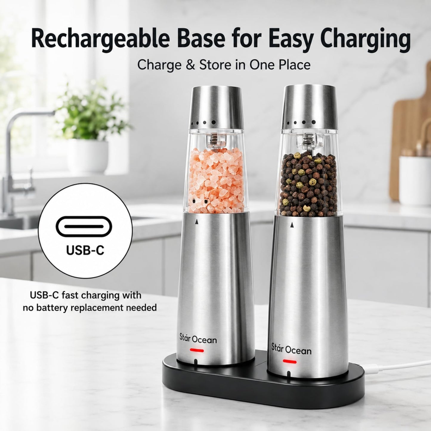 StarOcean Rechargeable Electric Salt and Pepper Grinder Set with USB-C Charging Base, Stainless Steel Automatic Gravity Grinders, 5 Adjustable Coarseness, Kitchen Gift