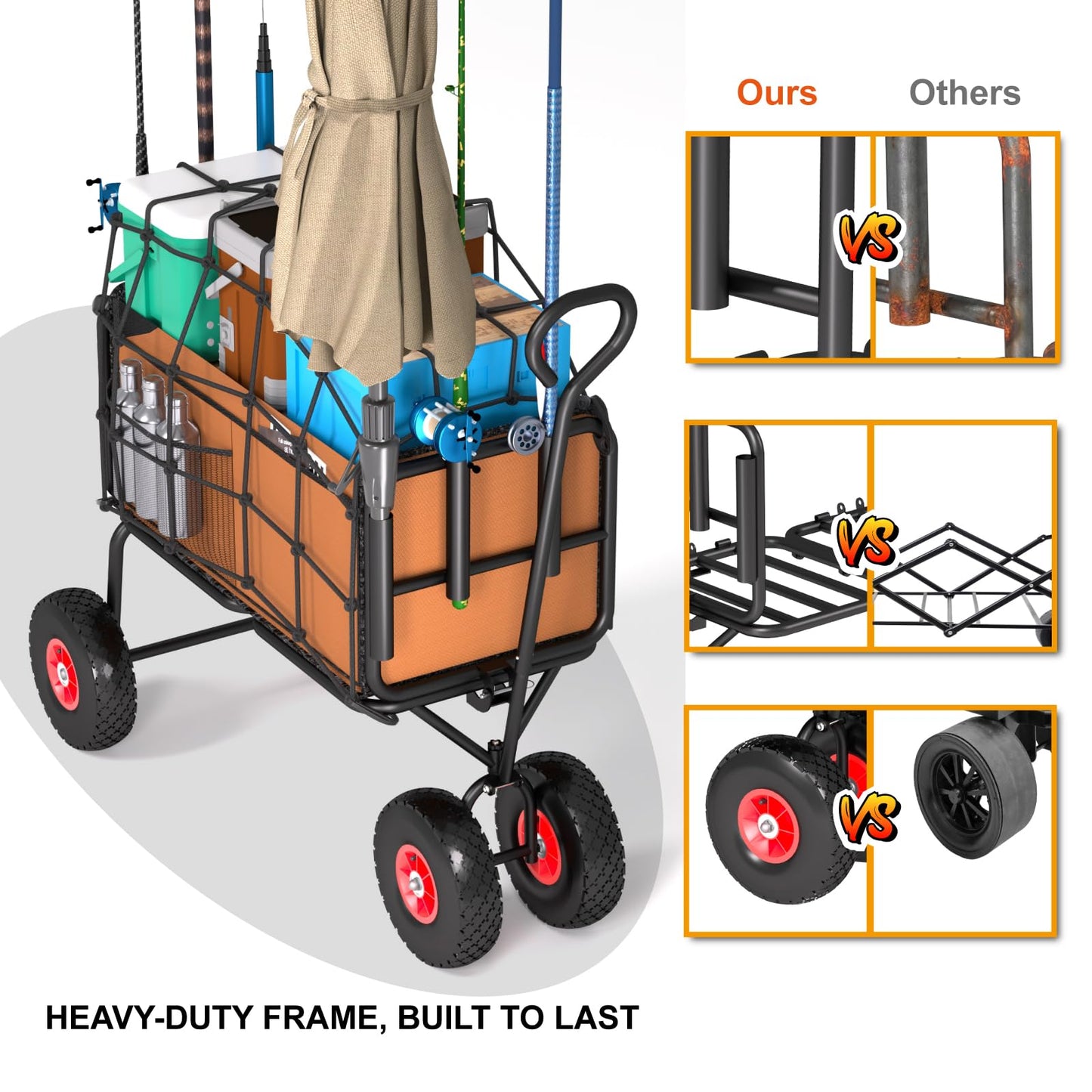 3 in 1 Beach Fishing Cart, Heavy Duty Garden Carts w/All Terrain Inflatable Tires, Folding Wagon Cart, Convert to Chair or Bench with Cushion, Rod Holders and Durable Oxford Bag