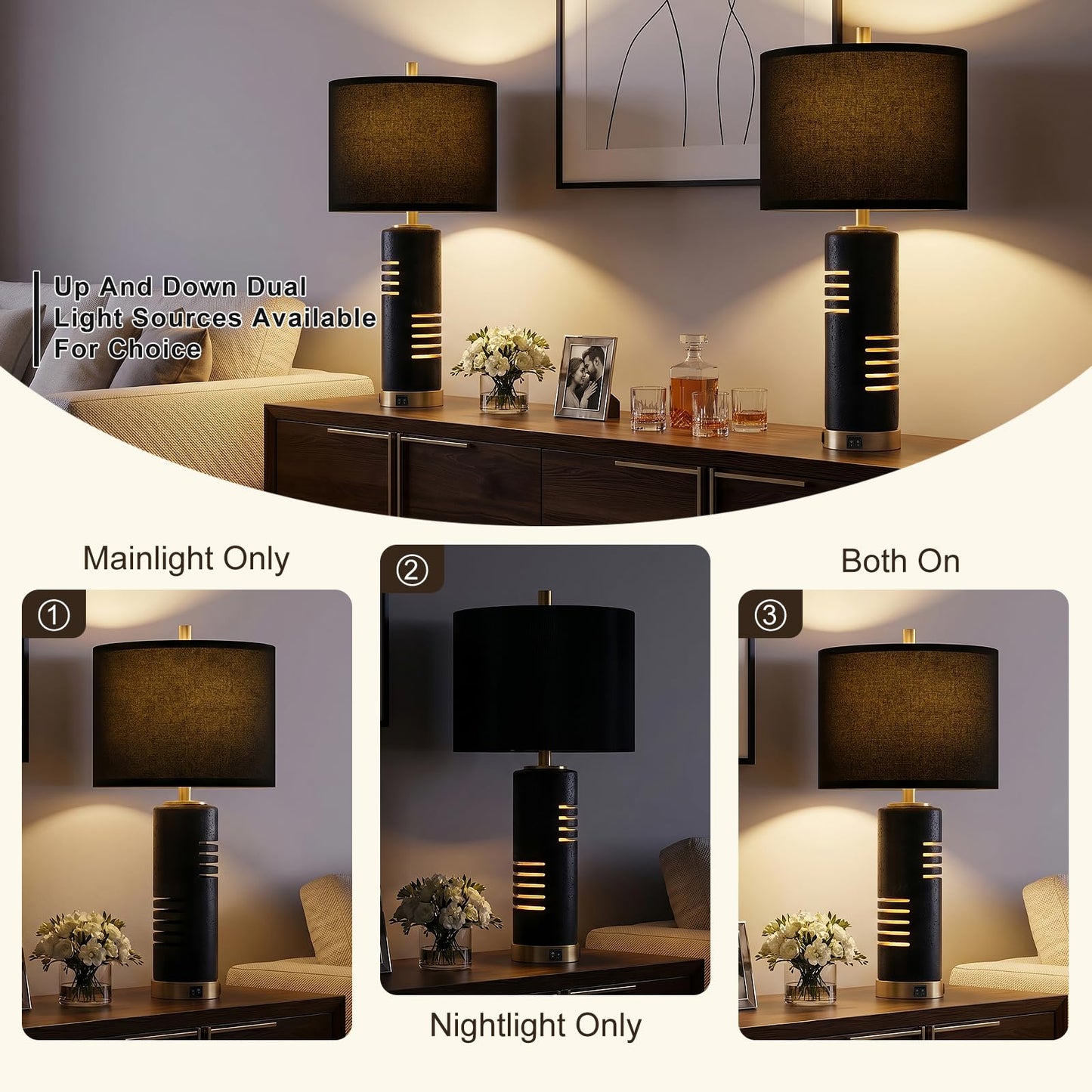 KIVDITZO 27.5" Faux Stone Table Lamps Set of 2, Farmhouse Table Lamps for Living Room with Night Light & USB A+C Ports, Black Lamps with Faux Silk Shade for Bedroom Nightstand Office (Bulb Included)