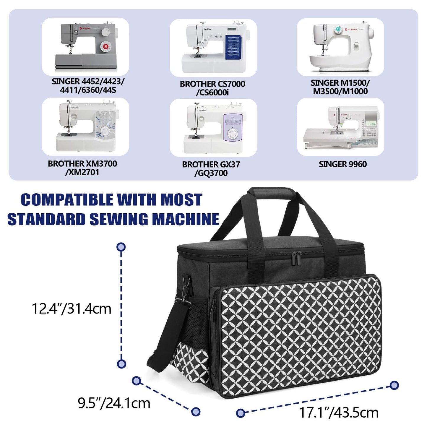 Yarwo Sewing Machine Carrying Case with Bottom Wooden Board, Universal Sewing Machine Bag Compatible with Most Major Sewing Machine and Accessories, Black with Oval Pattern