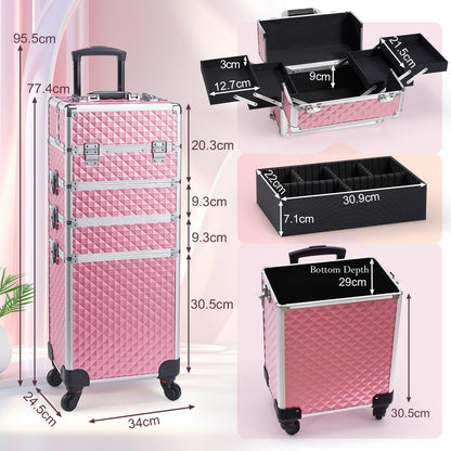 Joligrace Makeup Organiser 4-in-1 Beauty Case on Wheels Vanity Case Pink Trolley Nail Polish Organiser