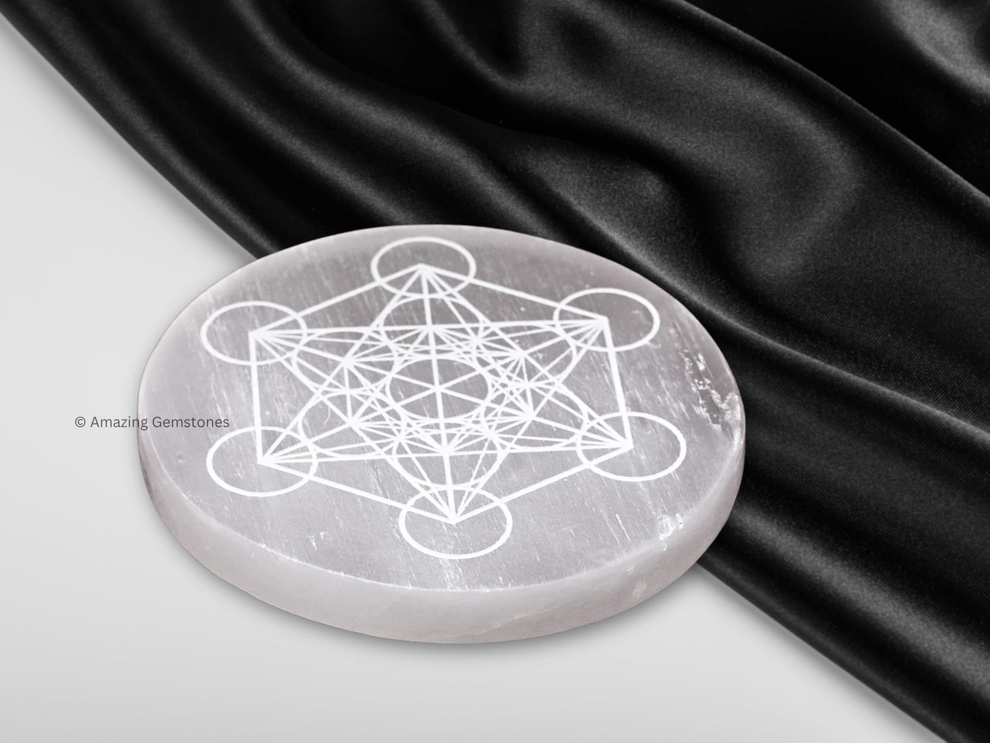 Amazing Gemstone Selenite Crystal Charging Plate for Crystals and Healing Stones, 4" Selenite Crystal Plate Engraved Metatron Cube Coaster for Home, Office Table Decor (Selenite Round Disc)