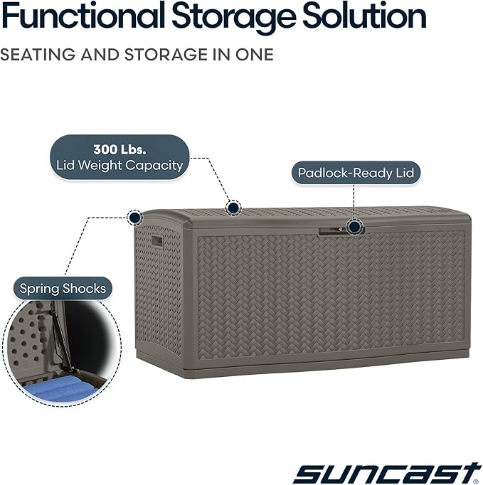 Suncast Extra Large Deck Box - 124 Gallon Resin Outdoor Storage Box with Lockable Lid for Outdoor Cushion Storage, Toys, & Garden Gear, Stoney Grey Wicker Bin for Patio, Porch, Pool, & Yard