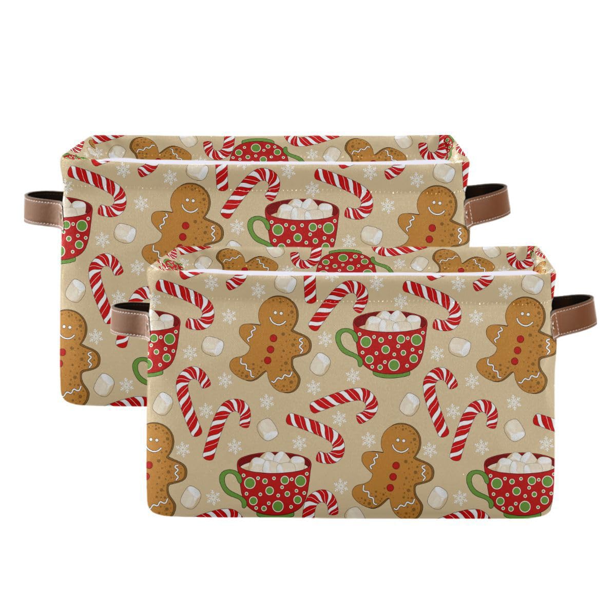 Christmas Gingerbread Man Storage Basket Fabric Kitchen Baskets Xmas Candy Cane Winter Snowflake Open Home Storage Bins Boxes Foldable Organizer Bag for Gift Book Shelf Closet Baskets 16×12×8 Inches