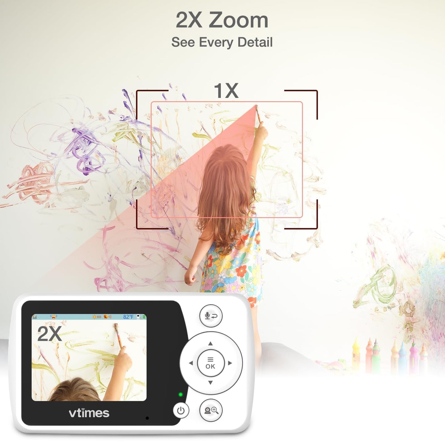 VTimes Baby Monitor with Camera and Audio, 2.4'' LCD Screen, Video Baby Monitor No WiFi Night Vision VOX Mode Pan-Tilt-Zoom Temperature Display Two-Way Audio Lullabies Feeding Alarm and 1000ft Range