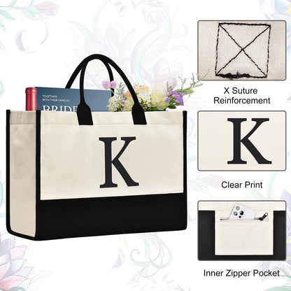GASSDA Initial Canvas Tote Bag, Birthday Gifts For Women, Monogram Personalized Gifts For Women Mom Teachers Bridesmaids (K 3PCS)