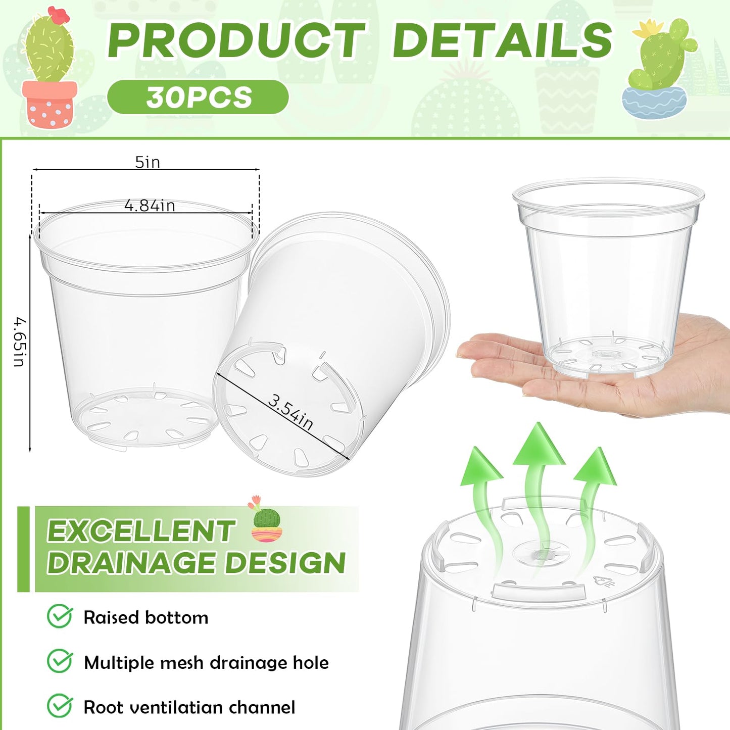 Yaomiao 30 Pcs 5 Inch Clear Mini Plastic Plant Pot Nursery Seedling Pots Seed Starter with Drainage Holes for Indoor Outdoor Garden Succulent Plants Cuttings Transplanting