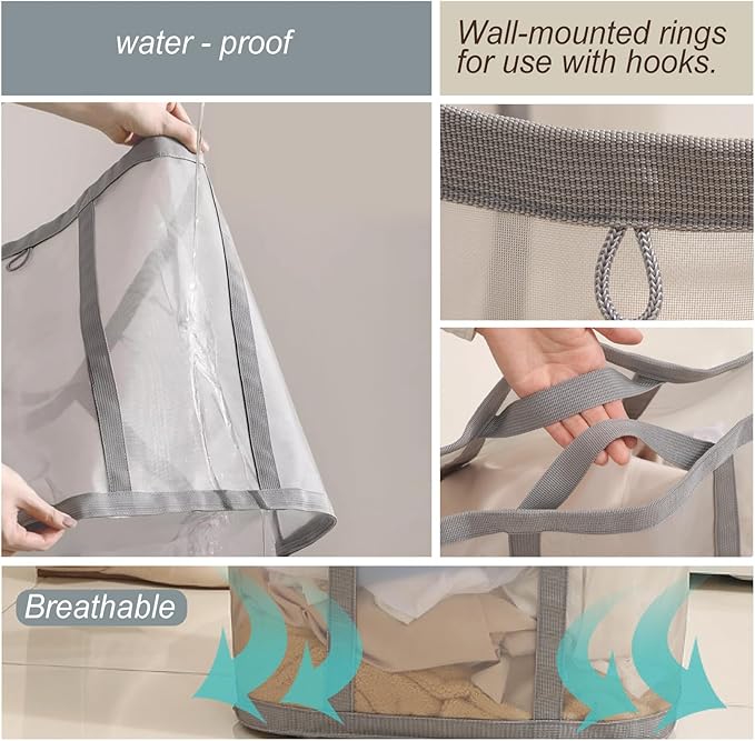 Mesh Bag with Handles, Collapsible Laundry Basket, Foldable Laundry Bag