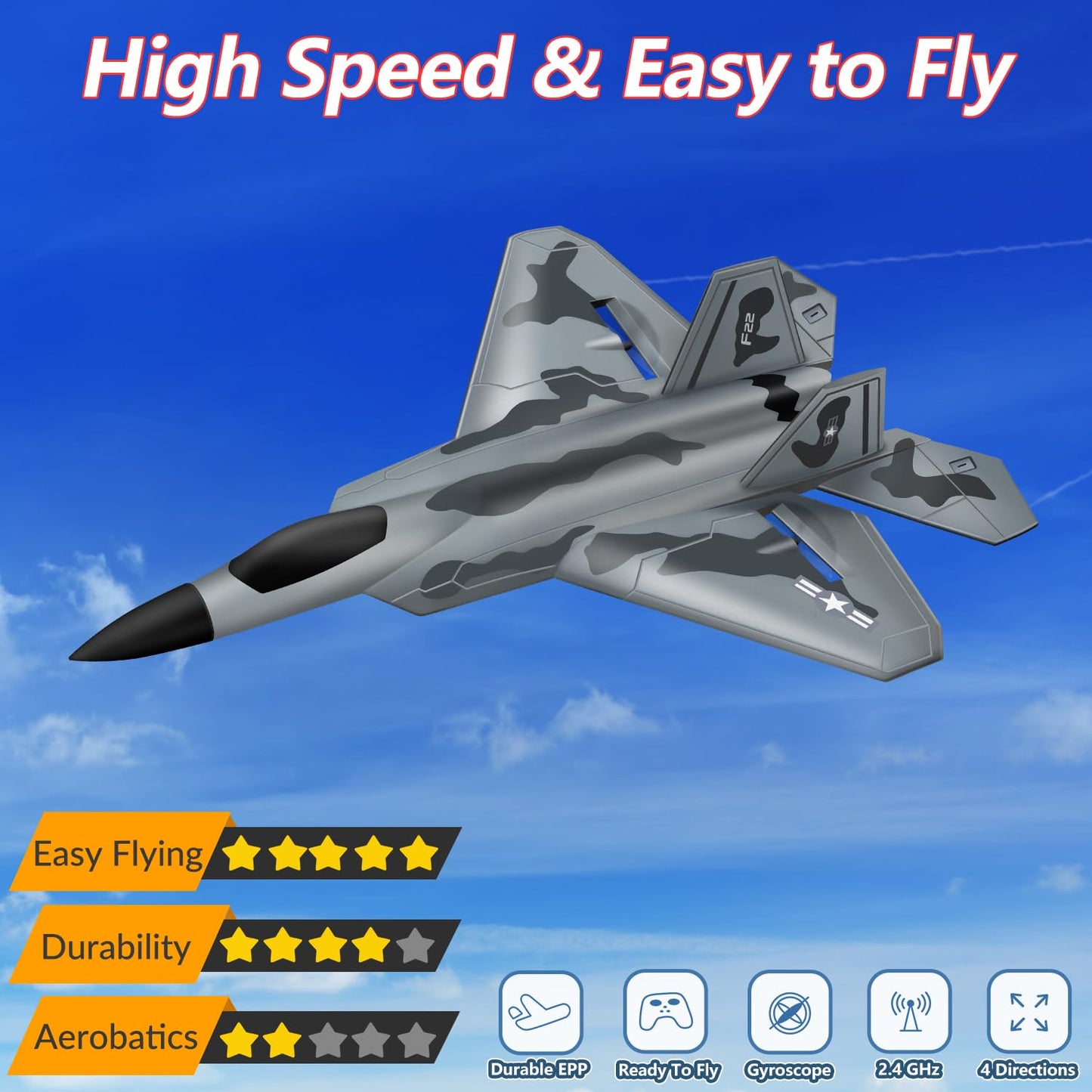 HAWK'S WORK 2 Channel Airplane, F-22 RC Plane Ready to Fly, 2.4 GHz Remote Control Airplane, Glider for Kids & Beginners