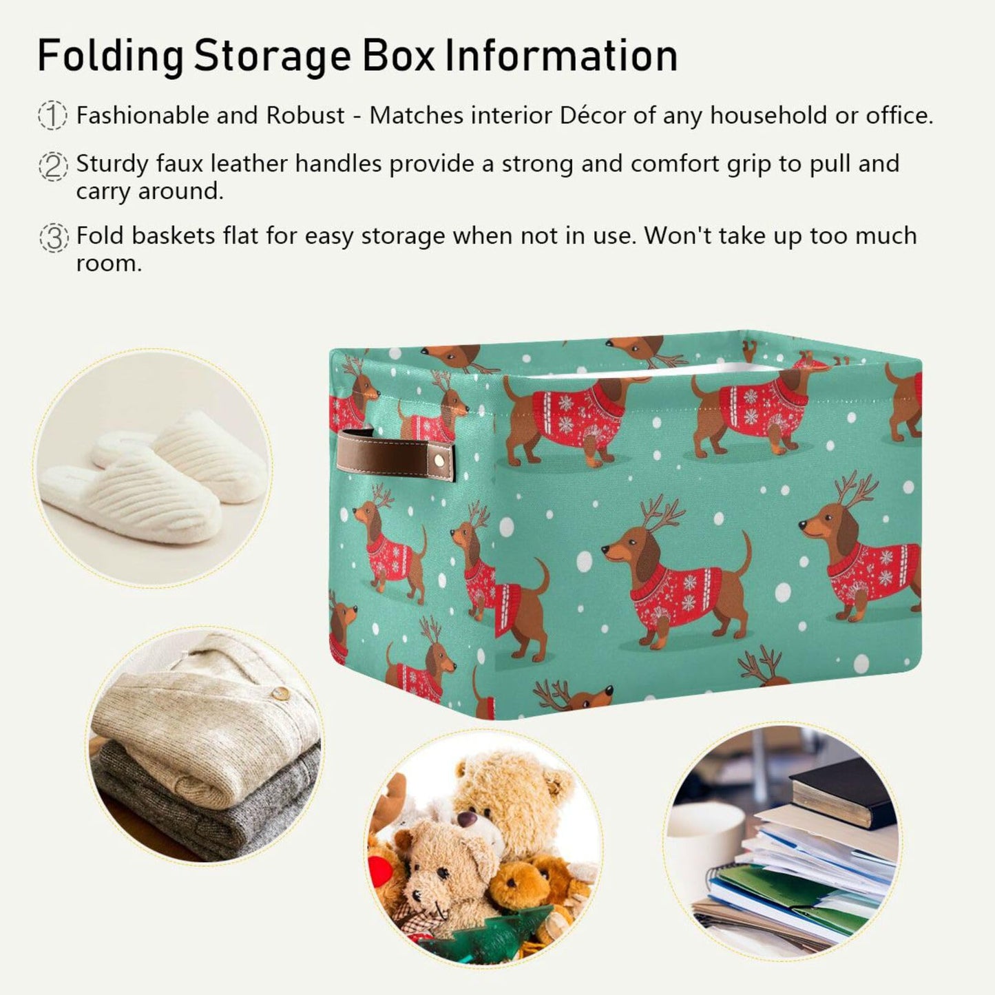 Pfrewn Christmas Winter Storage Basket Dutch Hound Dog in Christmas Pullover Collapsible Rectangular Storage Boxes Organizer Shelf Basket Toy Book Storage Bin for Nursery 1 Pack