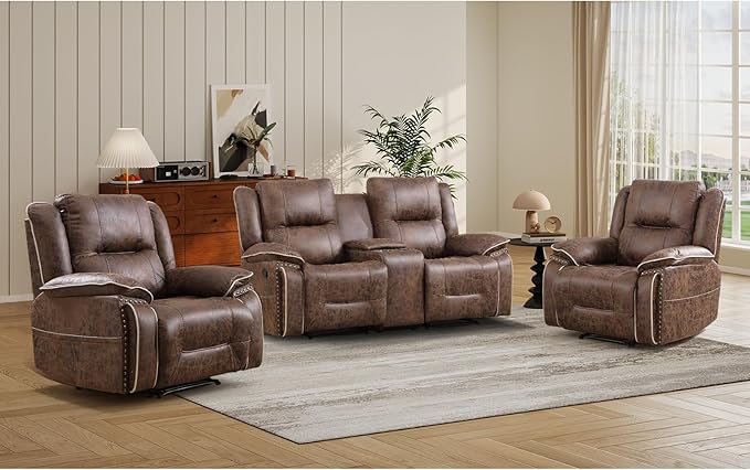 EBELLO Faux Leather Manual Recliner Sofa Set, 2 Seat Reclining Chair and a