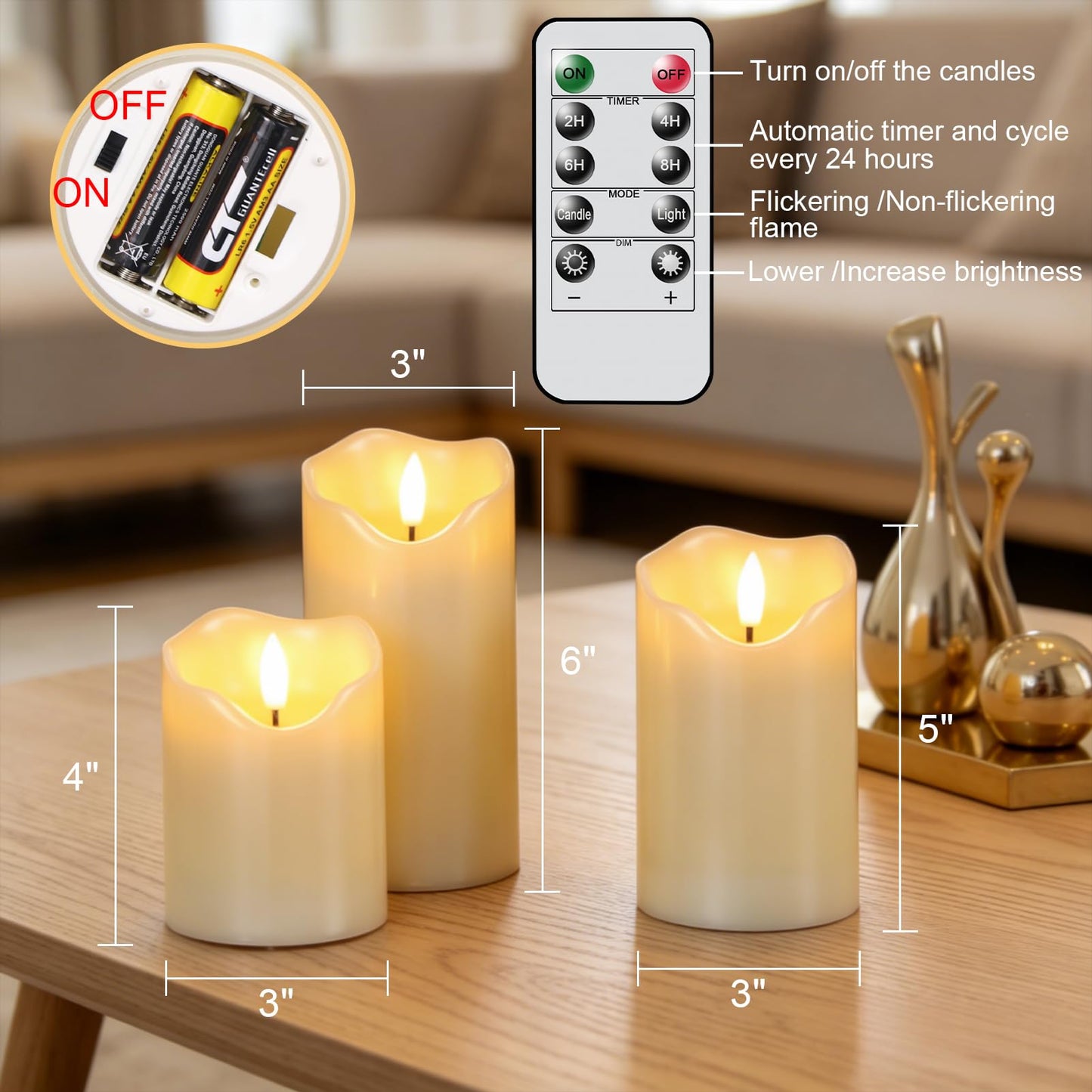 Wondise Flameless Flickering Candles with Remote and Timer, Real Wax Battery Operated Ivory LED Candles with 3D Wick for Home Fall Wedding Birthday Christmas Decoration, Set of 3(Ivory)