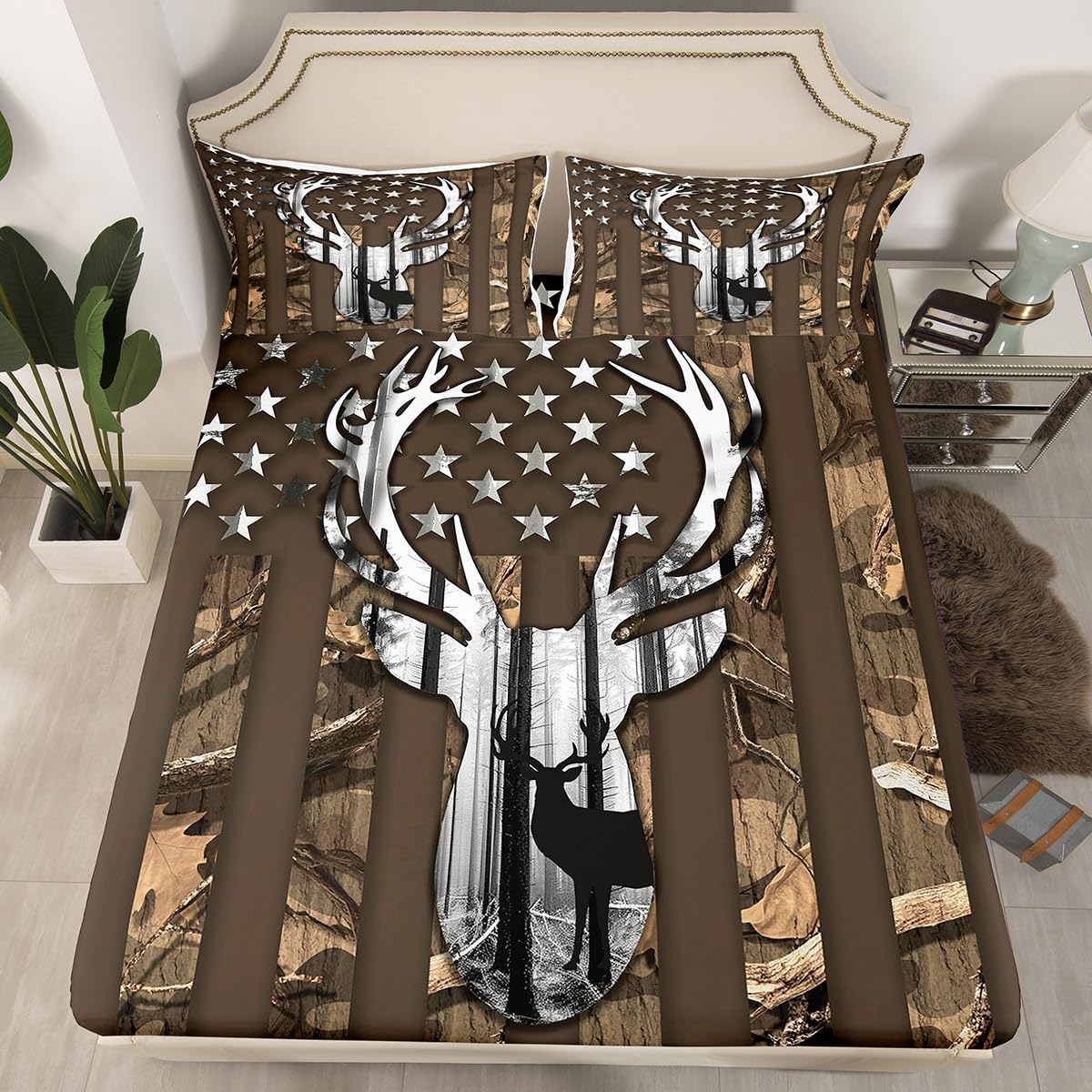 Kids Camo USA Flag Bed Sheet Set King Size,Brown Camouflage American Flag Quality Brushed Microfiber Luxury Bedding Set, Deer Antlers and Trees Bedding (1 Fitted,1 Flat,2 Pillowcases),Soft Fabric