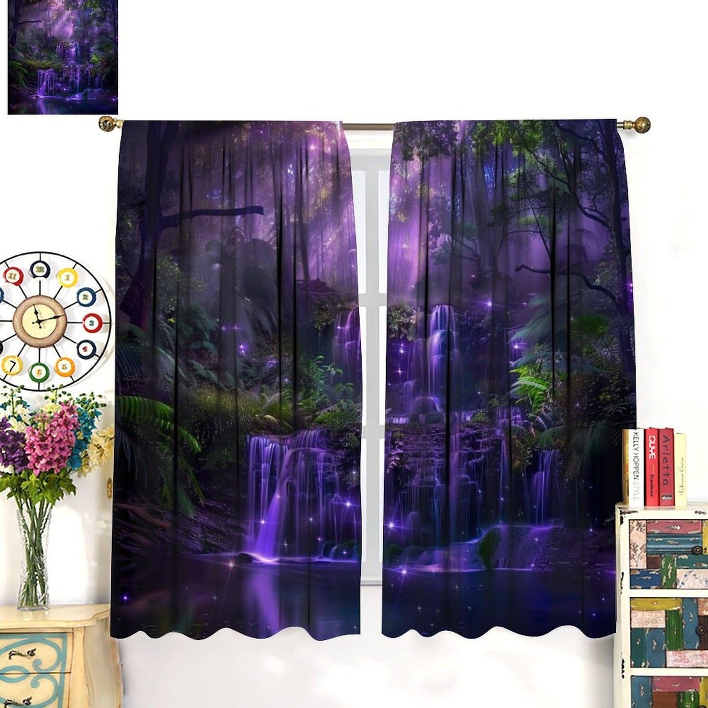 HZOHNAGO Enchanted Forest Curtains Fantasy Nature Purple Fireflies Waterfall Pattern Blackout Print Rod Pocket Window Drapes for Bedroom Living Room 42x63in