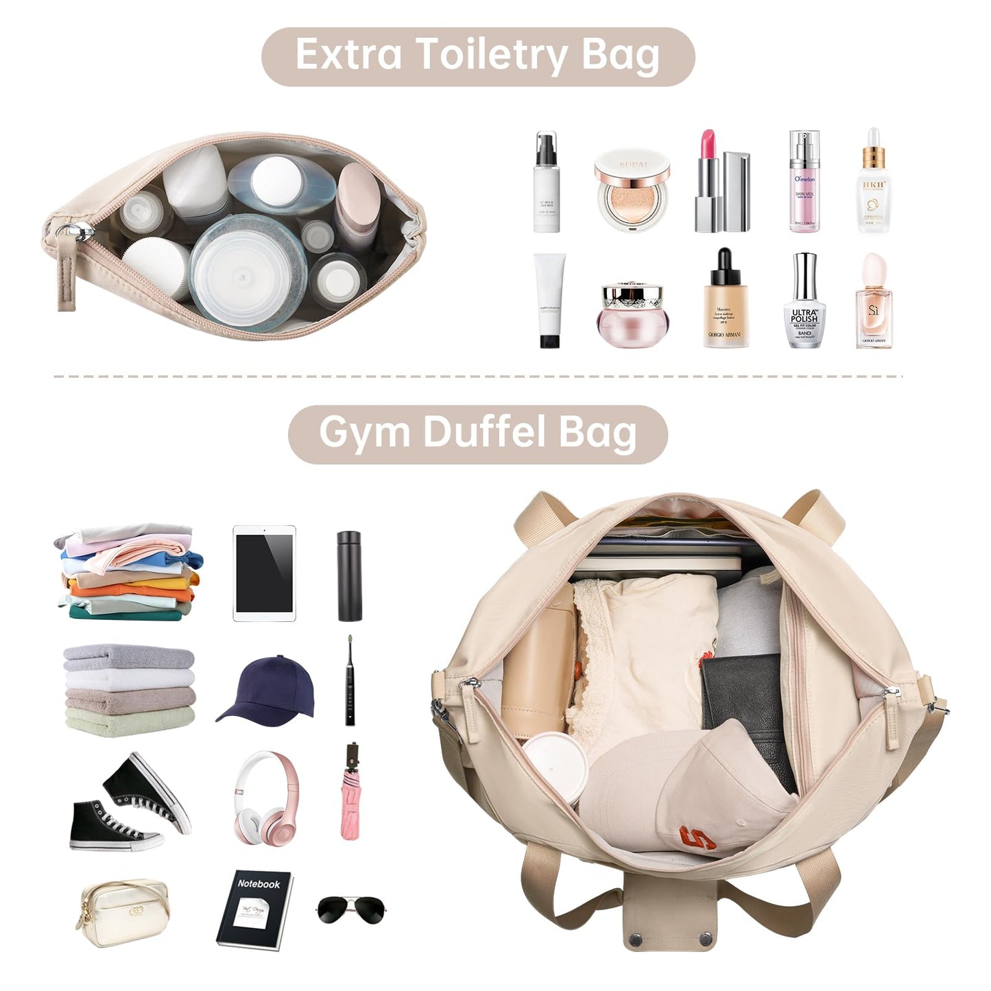 ETRONIK Gym Bag Womens, Travel Duffel Bag, Easyjet Cabin Bag 45x36x20 Underseat, Weekend Bag with Shoes Compartment, Hospital Bag with Wet Pocket & USB Charging Port, Overnight Sports Bag, Khaki