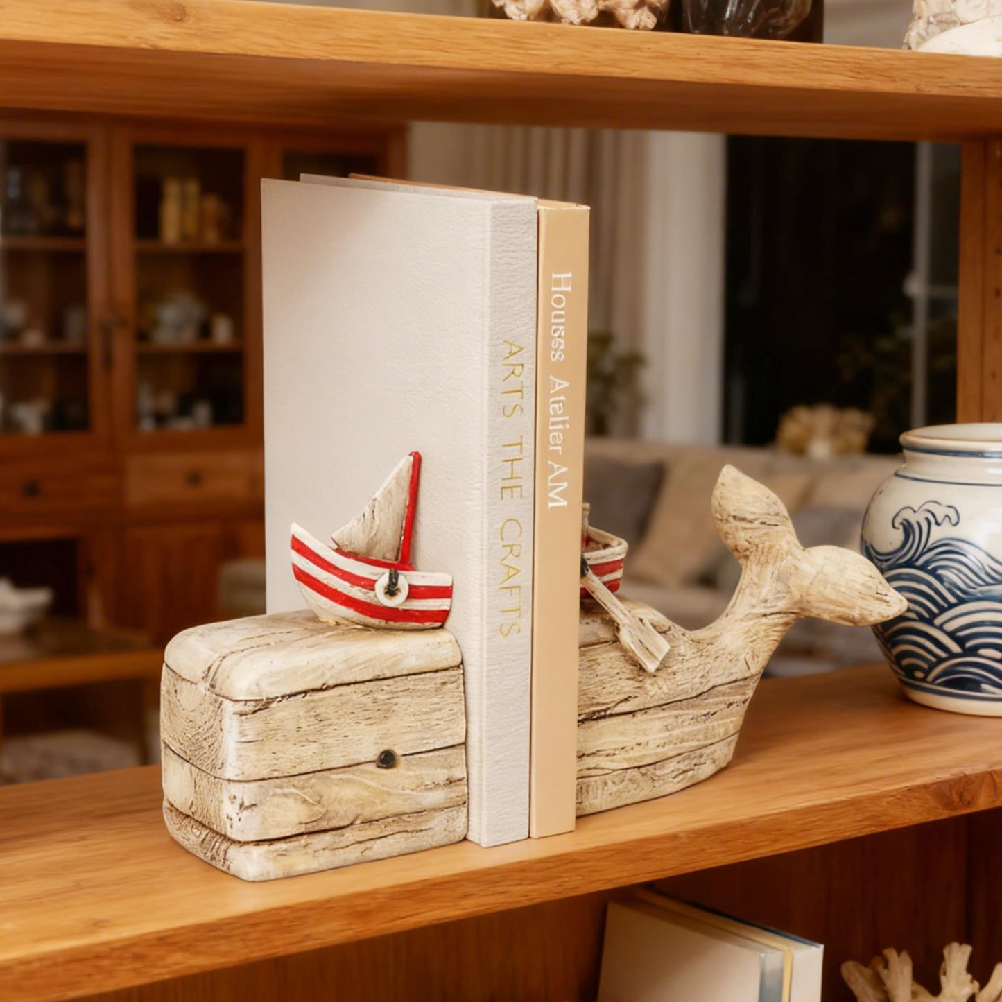 Guichifun Whale Decorative Bookends Book Holder - Distressed Finish Resin Cute Bookend Set with Sailboat Nautical Book Shelf Decor for Living Room Office Home Decoration Gift 11.8 X 3.9 X 6.5 inch
