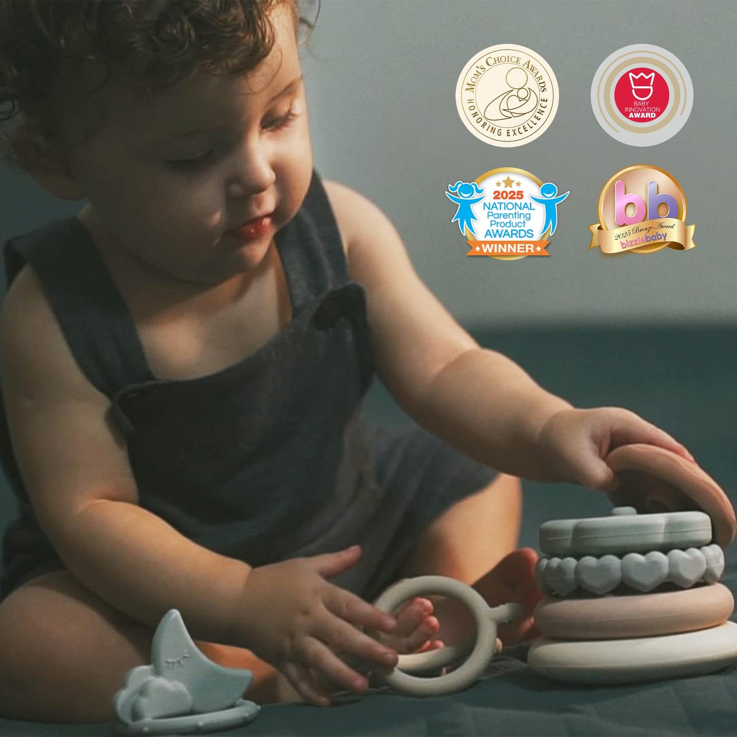 Moonkie Stacks of Circles Soft Teething Toy Educational Learning Stacking Ring Toys for Babies, 7 Piece Set