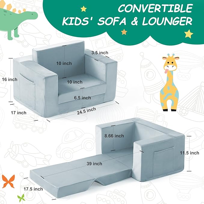 Kids Couch, 2-in-1 Toddler Chair Comfy 1-3 Years, Convertible Kids Chair