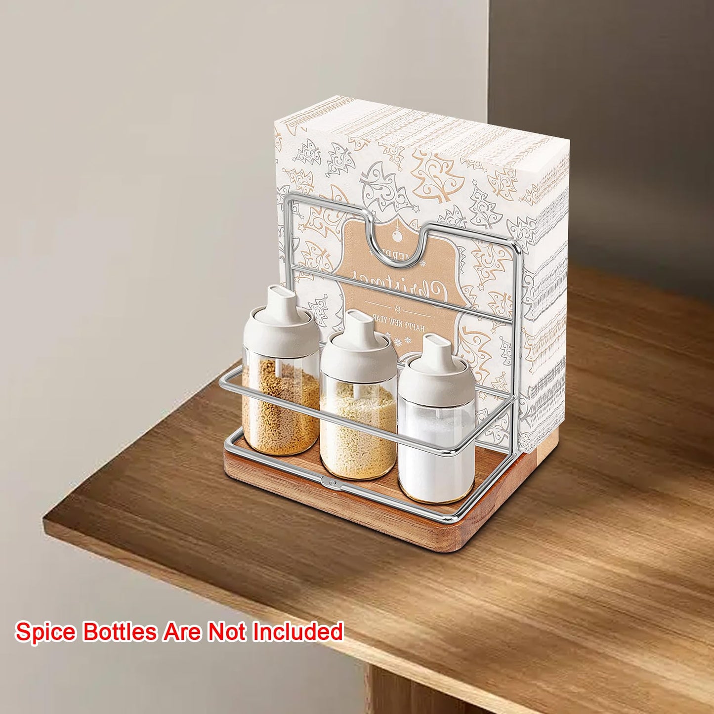 Livabber Napkin Holder, Metal Napkin Storage with Salt and Pepper Shakers Caddy Modern Napkin Dispenser for Table Kitchen Countertop, Not Including Salt and Pepper Shakers (Middle Wooden, Chrome)