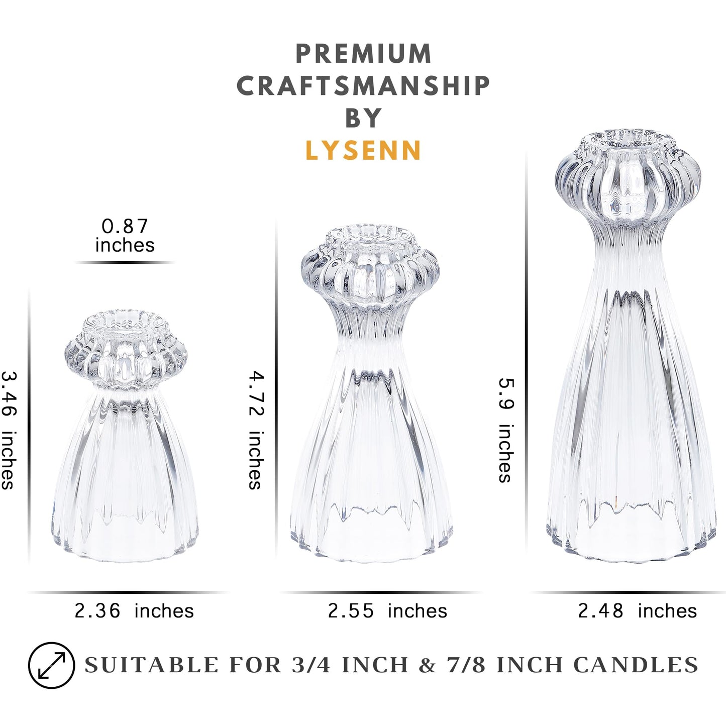 Lysenn Glass Candle Stick Holder Set of 3 – Premium Taper Candle Holders for Romantic Ambiance - Candle Sticks Holder Decor for Special Occasions - Clear