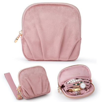 Lumayina Velvet Travel Jewelry Pouch, 2-in-1 Clamshell Case with Detachable Insert, Portable Travel Jewelry Organizer with Wrist Strap, Converts to Mini Coin Purse, Gift for Women & Girls (Dusty Pink)