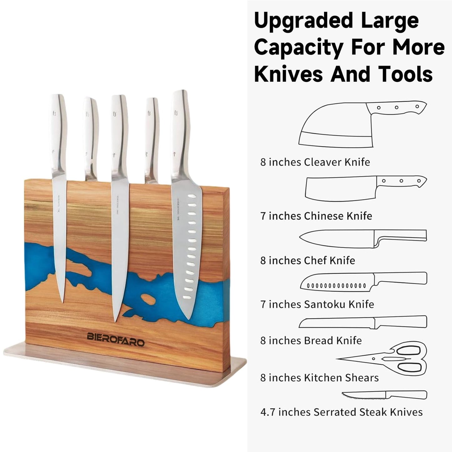 Magnetic Knife Block with Steel Base, Double‑Sided Knife Holder Made of Acacia Wood for Chef Knives, Modern Kitchen Countertop Organizer, Blue Resin River Design