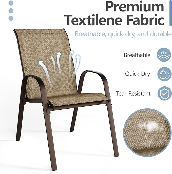 SWITTE Patio Chairs Set of 4 with Armrests, Outdoor Stackable Dining Chairs with Breathable Backrest and Metal Frame for Lawn, Garden, Deck, Poolside, Beige