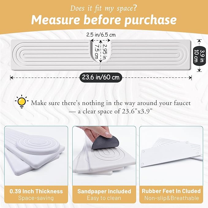 23.6" Faucet Mat for Kitchen Sink, Long Diatomite Fast Drying Stone Sink Tray