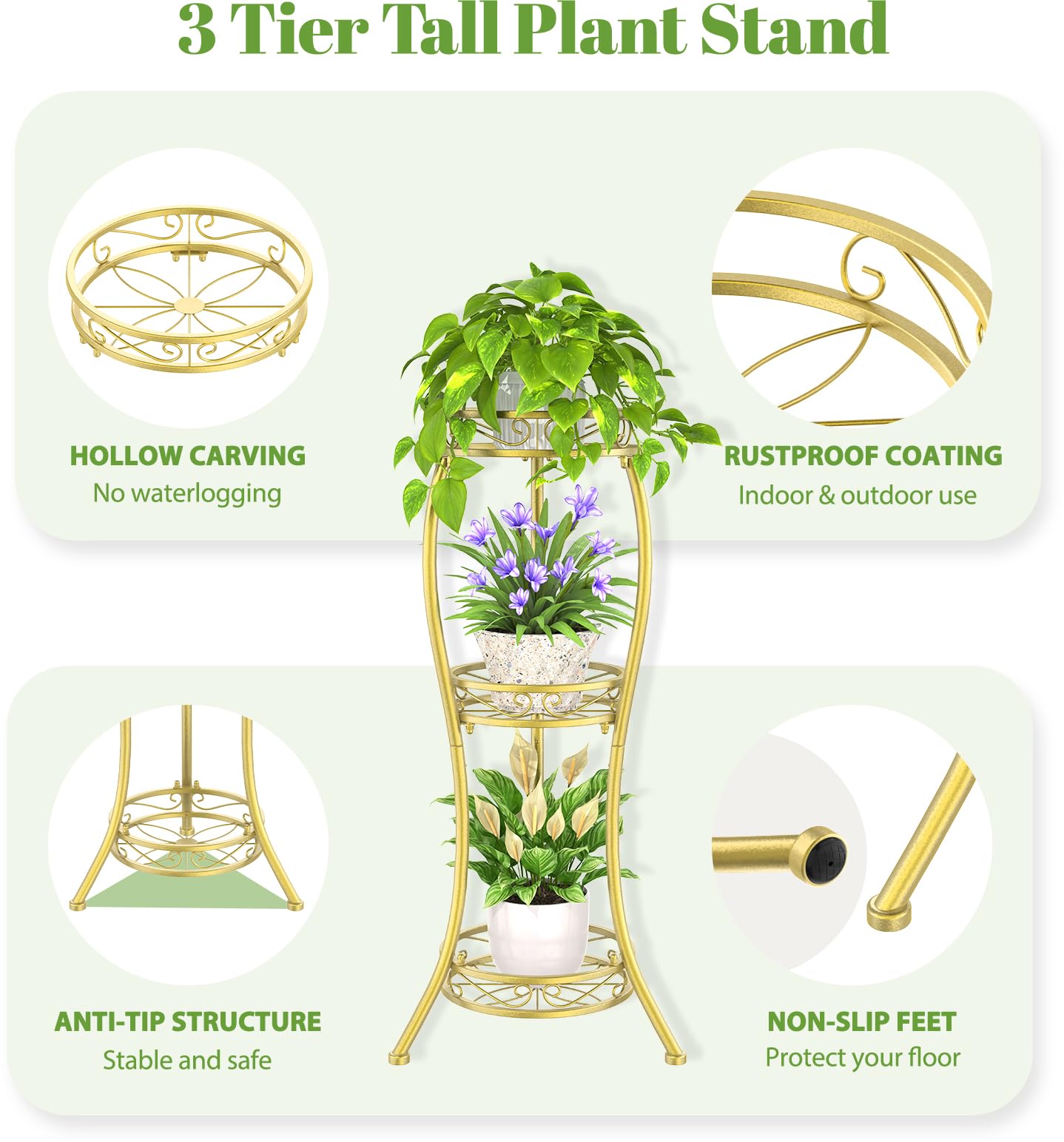 iDavosic.ly 3 Tier Tall Metal Plant Stand Indoor Outdoor, Wrought Iron Corner Flower Pot Holder Shelf, 34 Inch Vertical Display Rack for Patio Porch Living Room Garden, Gold