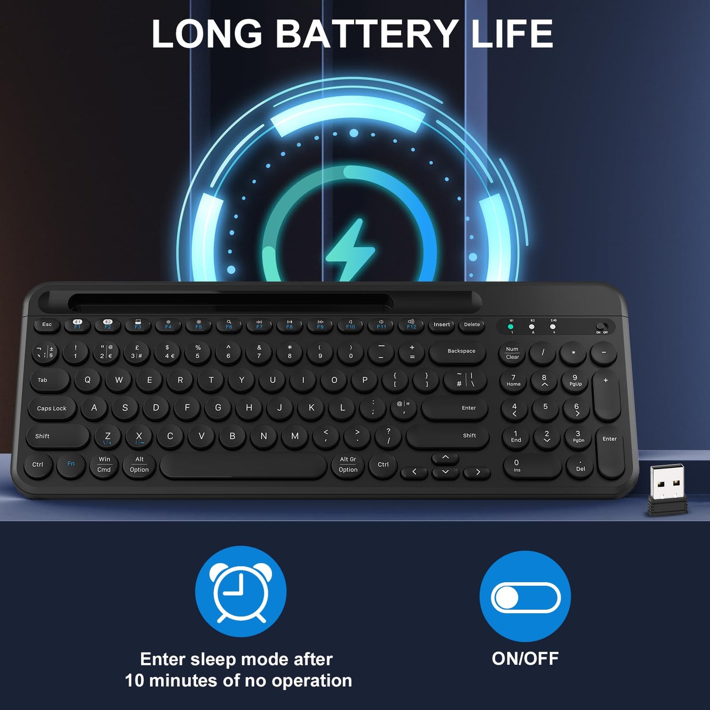 cimetech USB & Bluetooth Keyboard, Wireless Keyboard Ergonomic 2.4G Silent UK Layout with 3 Channels Multi-Device for iOS, Android, Windows, Smartphone