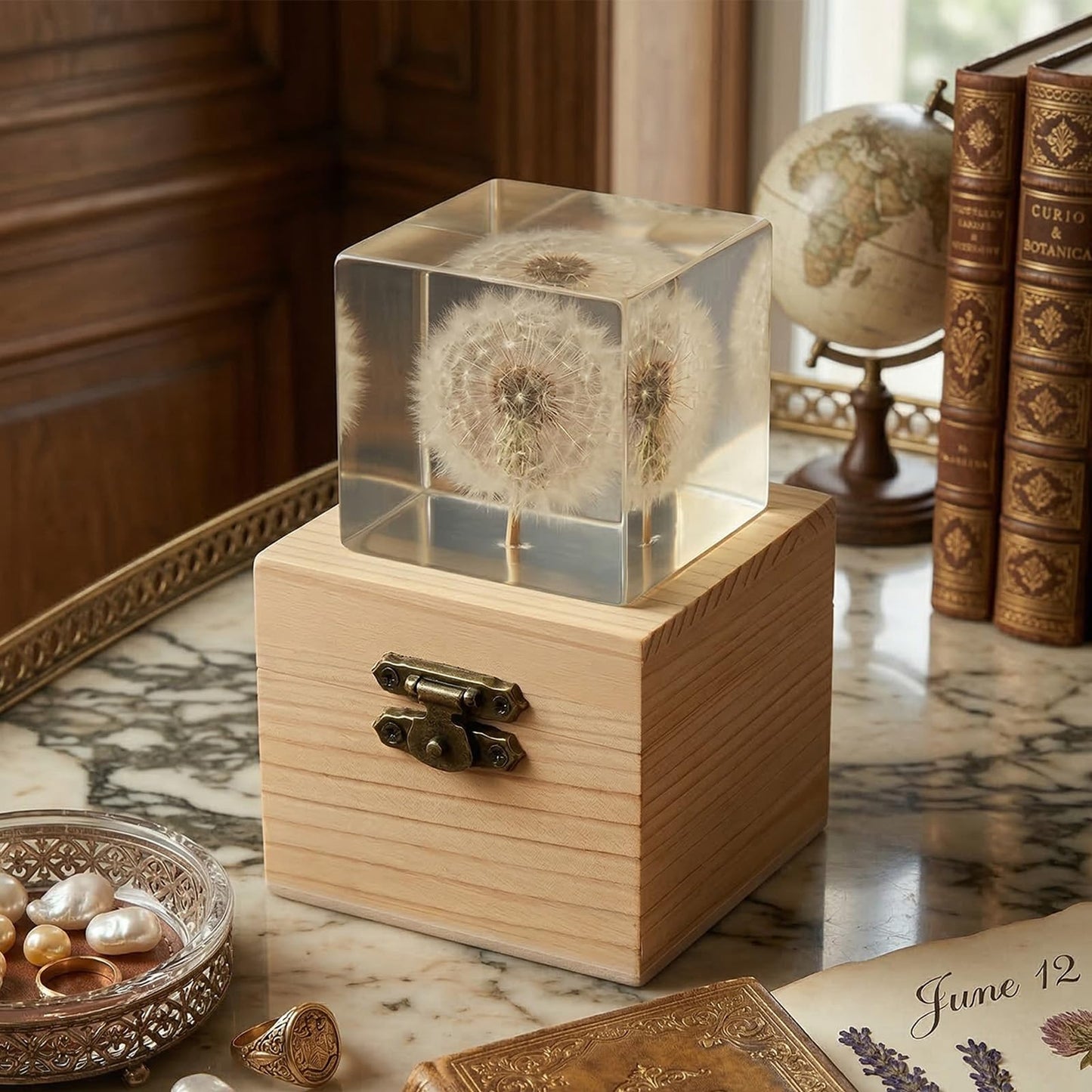 Real Dandelion Specimen in Crystal Clear Resin Cube, 2 Inch 3D Preserved Dandelion Puff Paperweight with Wooden Box, Natural Plant Decor for Home Office Gift