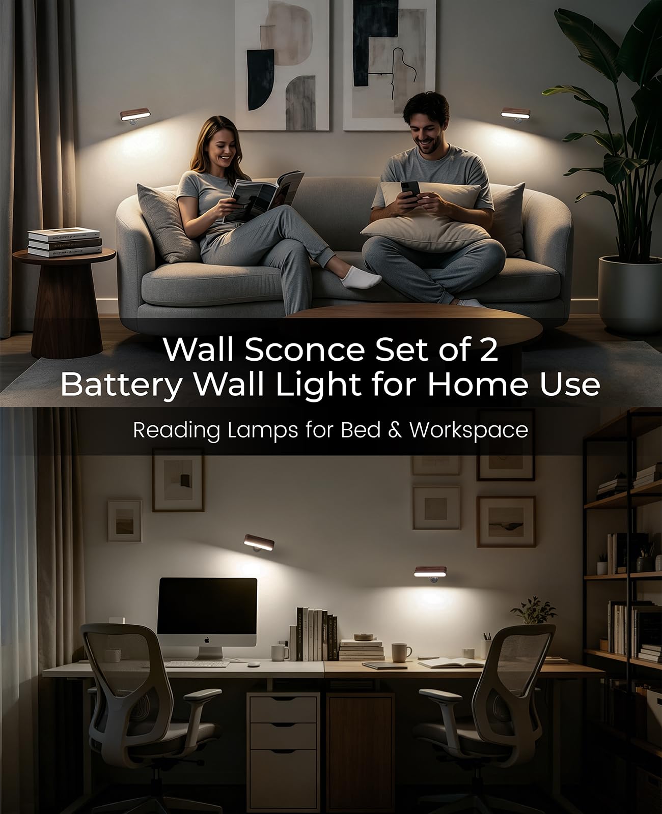 Wood LED Wall Sconce Magnetic 360°Rotate Mounted Mini Lamp Brightness Adjustable Nightlights Rechargeable Battery Powered Reading Light for Bedside Hallway Living Room Black Walnut Set of 2