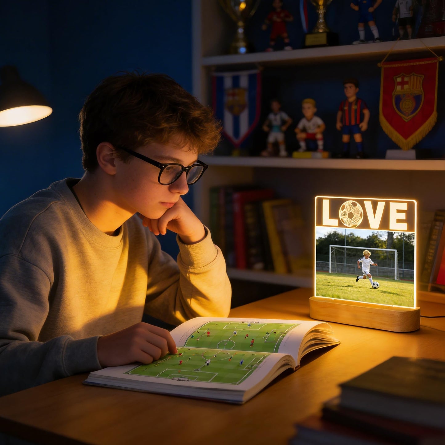 Okayera Light up Picture Frame, Soccer Gifts for Boy Teen Man, Love Football Frame LED Lamp with 4"X6" Photo, Sport Theme Bedroom Tabletop Office Decor, Present for Coach Athlete Fan Athletics