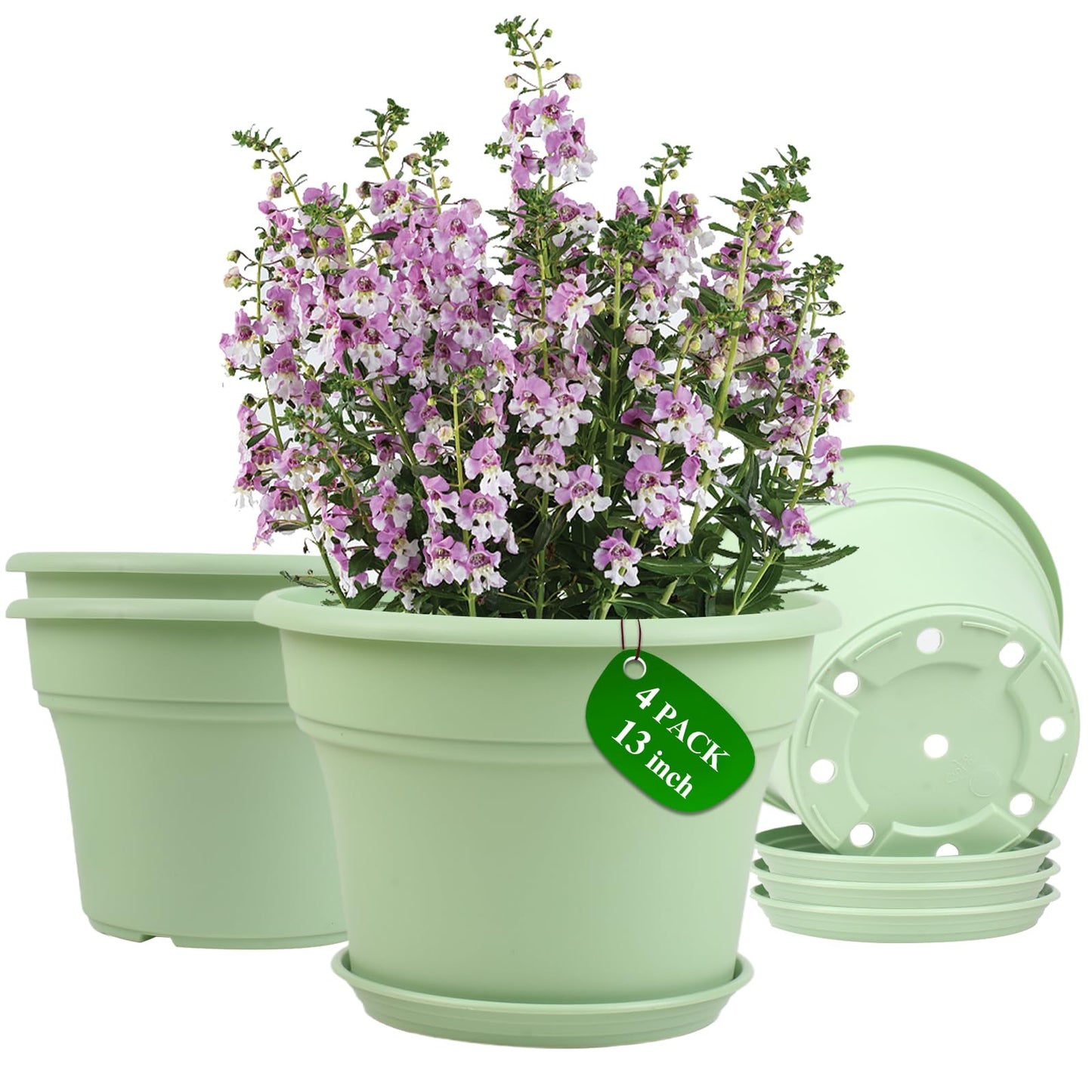 Pottiffe 13 Inch Plastic-Flower-Pot-for-Indoor-Plants, 4 Pack Large Outdoor Planter Pot with Drainage Holes & Saucers, Resin Decorative Garden Pots Planters