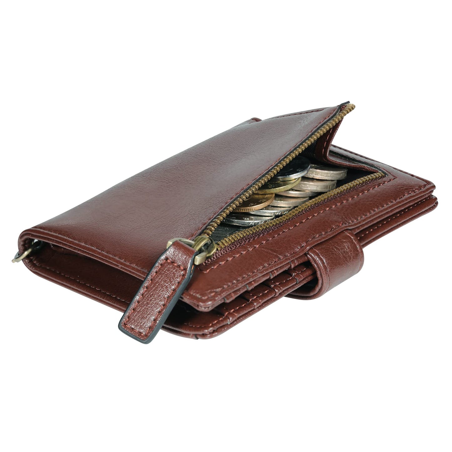 Travelambo Small Womens Wallet with 2 ID Windows, RFID Blocking Bifold Leather Card Holder Purse with Zipper Coin Pocket