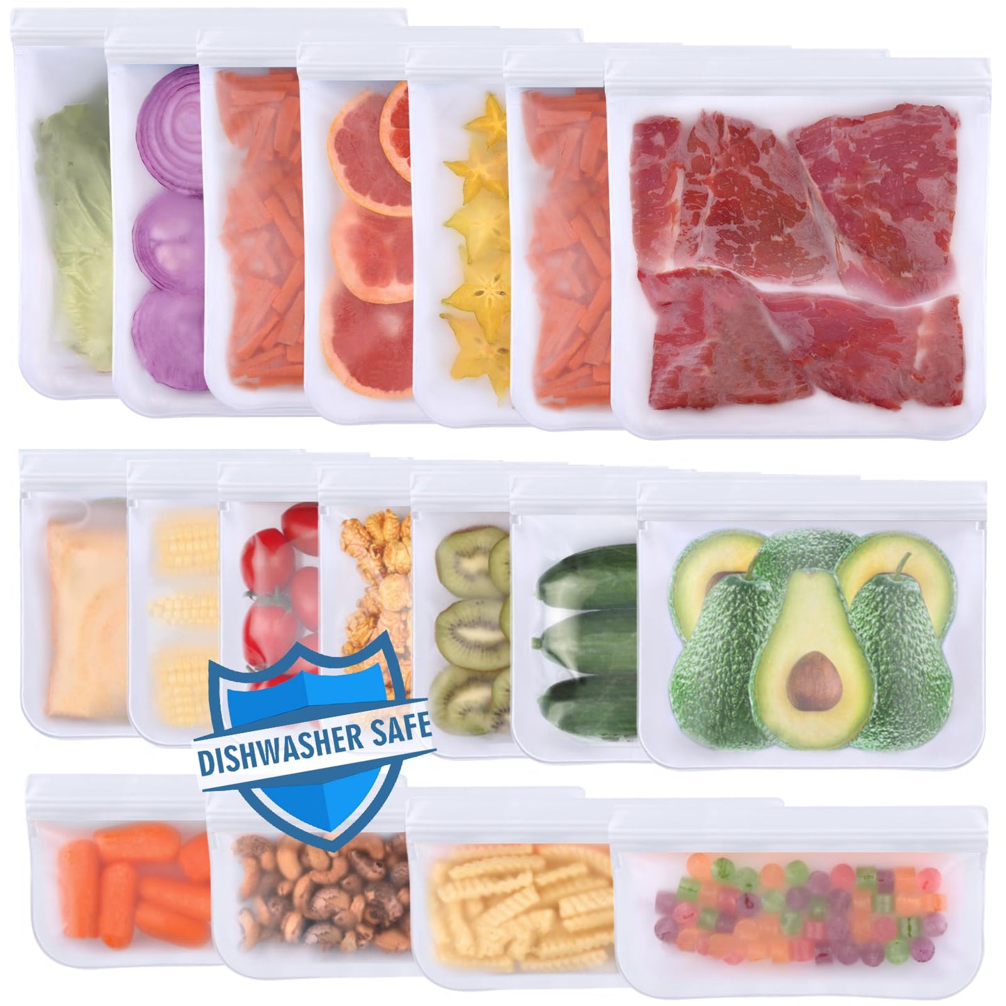 Lerine 10 Pack Dishwasher Safe Reusable Bags, Leakproof Reusable Freezer Bags, BPA Free Food Storage Bags for Marinate Food Travel - 3 Gallon 4 Sandwich 3 Snack