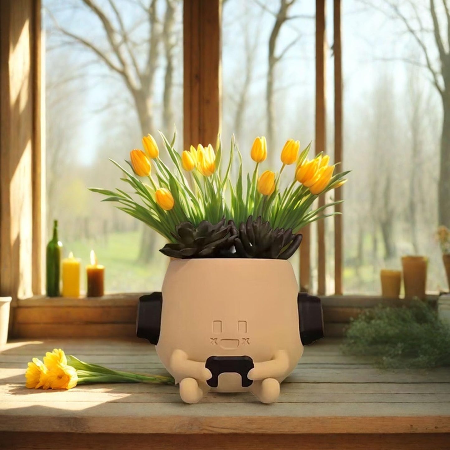 Heuvcnsr Cute Resin Flower Head Planters, Smily Face Planter Pots for Indoor Plants, Sit Headphone Smiley Face Succulent Flower Pots with Drainage Hole, Gift Ideai for Birthday