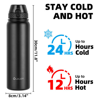 OLDLEY Stainless Steel Water Bottle with Straw 1L Vaccum Insulated Large Drink Flask Metal Water Bottles 1 Litre Leakproof Keep Drinks Hot Cold for Bike Sports Gym Adult Women Men(Black,1 Lid)