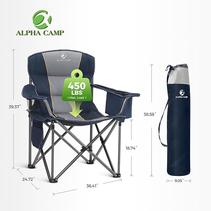 ALPHA CAMP Heavy Duty Camping Chair 500LBS Capacity, Oversized Folding Chair for Heavy People, Padded Portable Outdoor Chair with Cooler Bag & Cup Holder for Camping, Fishing, Beach