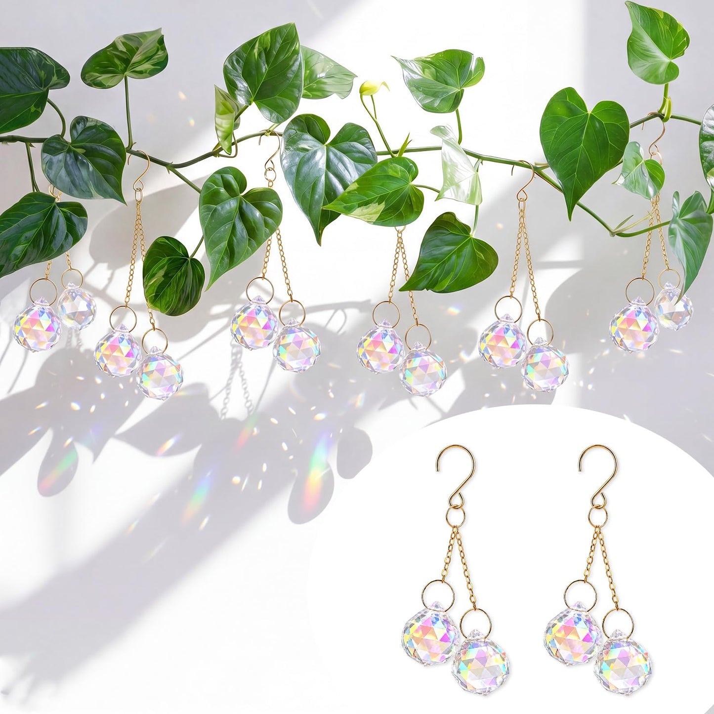 Ferrochef 6 Pcs Colorful Crystal Sun Catcher Plant Vine Charms Hanging for Mini Potted Plants, Home Window Garden, Garden Home Window Rainbow Sun Catchers Plant Accessories Indoor (Ball)