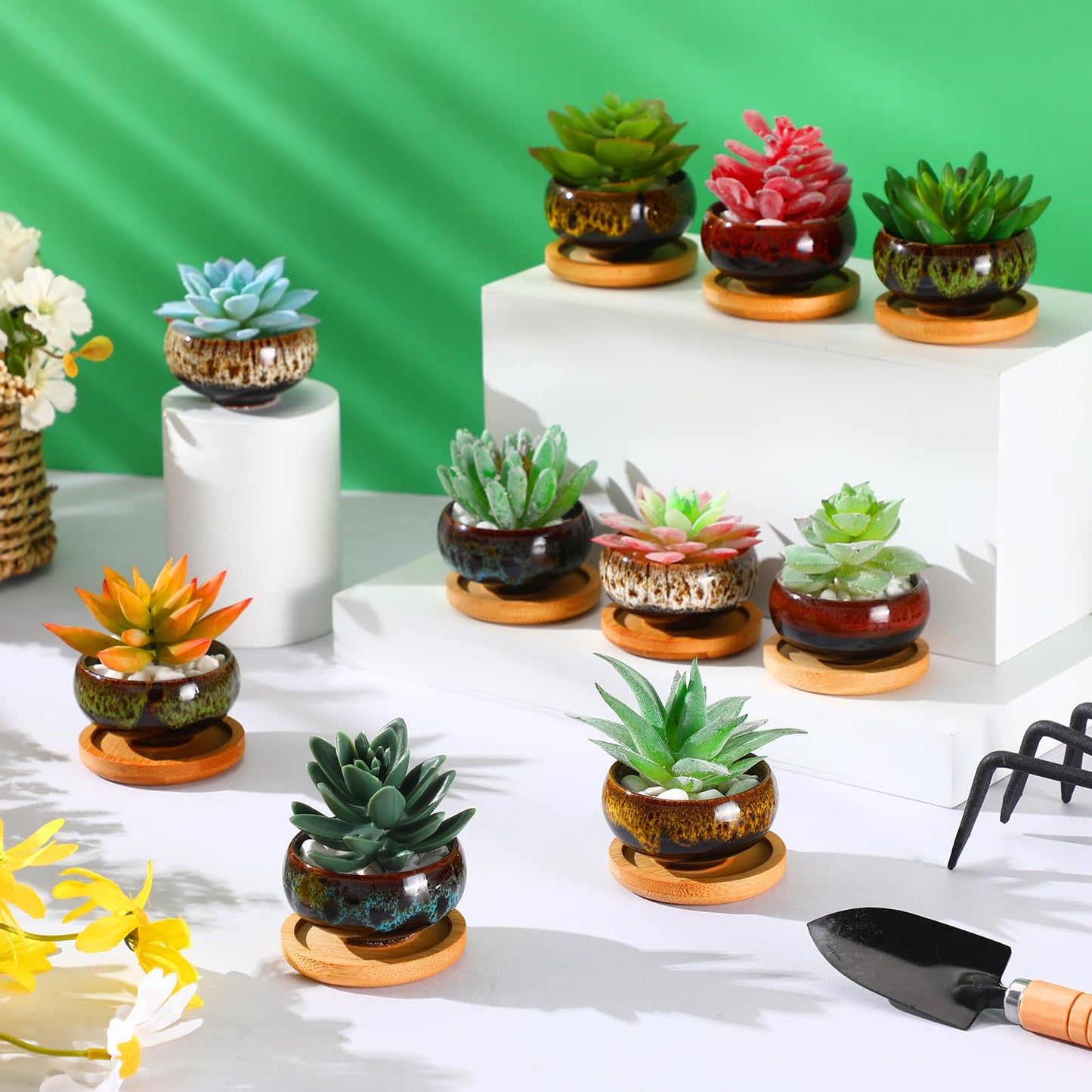 RimCereal 12 Pcs Succulent Pots 2.5 Inch Mini Ceramic Succulent Garden Flower Pots Planters with Drainage and Bamboo Tray for Indoor Garden Plants Planters Colorful Flower Pot(Round,1.2 Inch H)