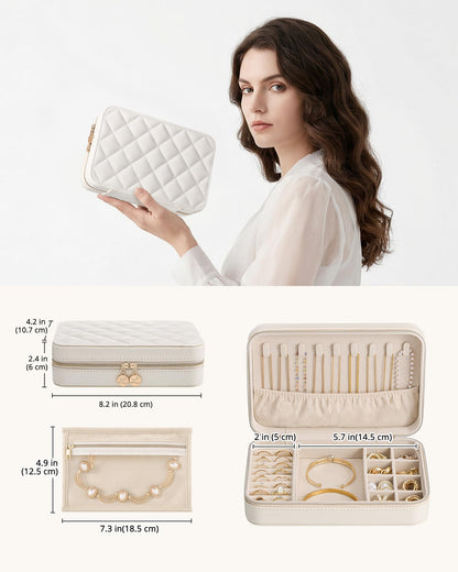 Lolalet Travel Jewelry Case for Women Girls, PU Leather Jewelry Organizer with Clear Storage Bag Small Portable Jewelry Box for Necklace Bracelet Earring Ring Mothers Day Birthday Gifts -Large/Beige