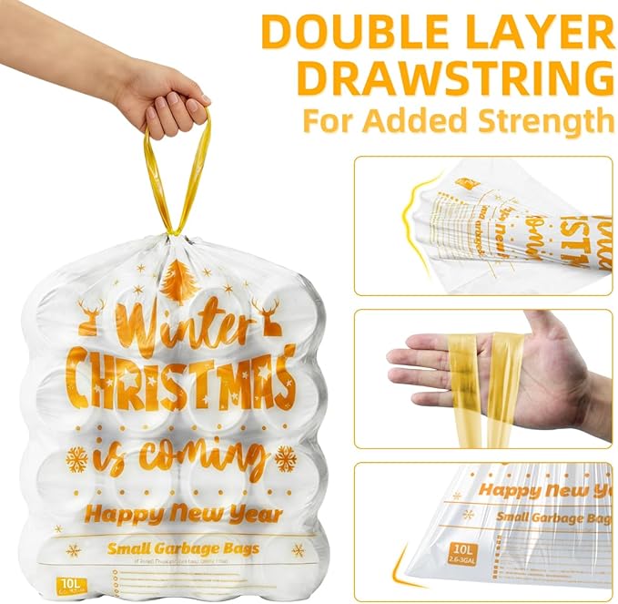 XUXRUS Gold Trash Bags Mini Trash Bags, 3 Gallon Small Bathroom Drawstring