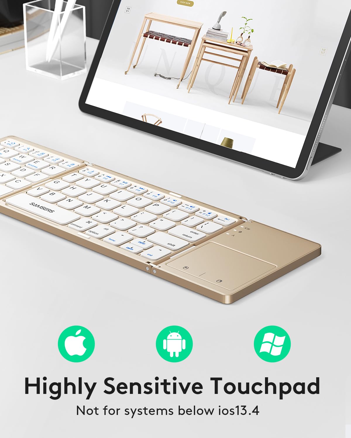 Samsers Foldable Bluetooth Keyboard with Touchpad - Portable Wireless Keyboard with Holder, Rechargeable Full Size Ultra Slim Pocket Folding Keyboards for Android Windows iOS Tablet & Laptop - Black