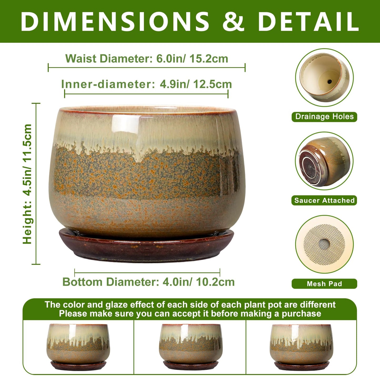 Fivepot Ceramic Plant Pots - 6 Inch Planter with Drainage and Saucer, Round Ceramic Pots for Indoor Plants, Decorative Small Planter, Office Living Room Decor, Housewarming Gifts, Brown-Beige