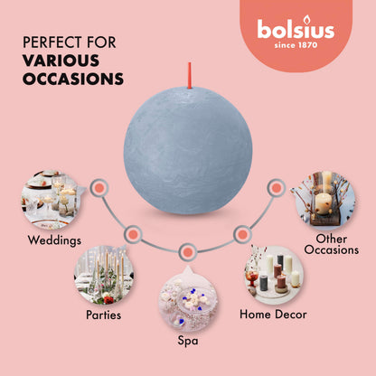 BOLSIUS 3 Pack Sky Blue Rustic Ball Pillar Candles - 3 Inch - Premium European Quality - Includes Natural Plant-Based Wax - Unscented Dripless Smokeless 25 Hour Party Décor and Wedding Candles